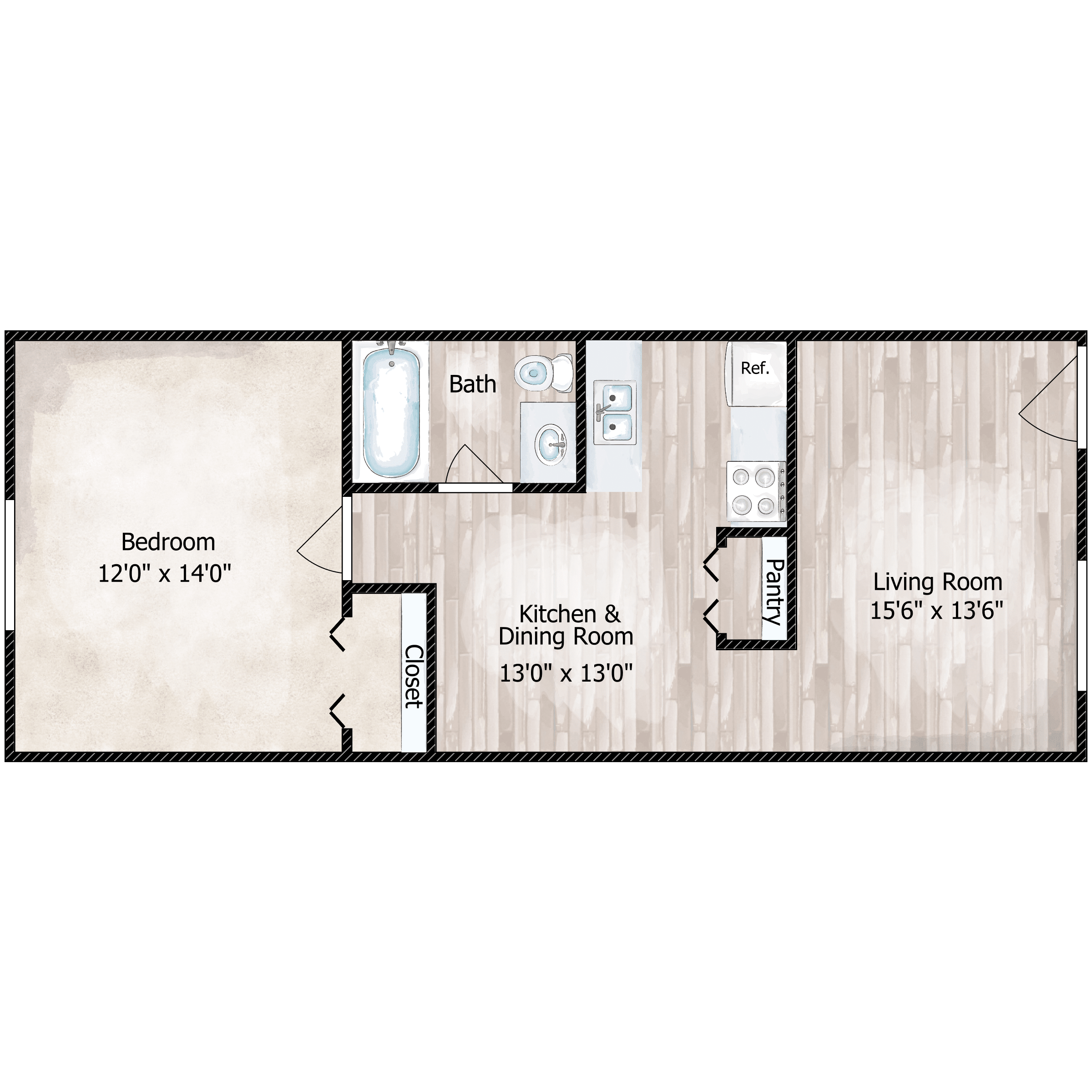 Floor plan for 1 bed, 1 bath, 620 sqft